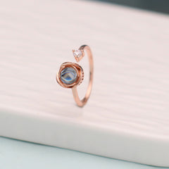 Personalisierter Foto-Projektionsring aus 925 Silber mit Rosendesign – Bild im Stein, verstellbarer Ring
