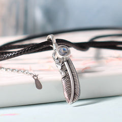 Personalisierte Feder Foto-Projektionskette aus 925 Silber – Unisex Kette mit Bild im Stein & Gravur