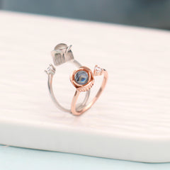 Personalisierter Foto-Projektionsring aus 925 Silber mit Rosendesign – Bild im Stein, verstellbarer Ring