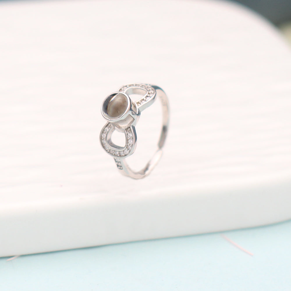 Personalisierter Foto-Projektionsring aus 925 Silber mit Schleifendesign – Bild im Stein, verstellbarer Ring
